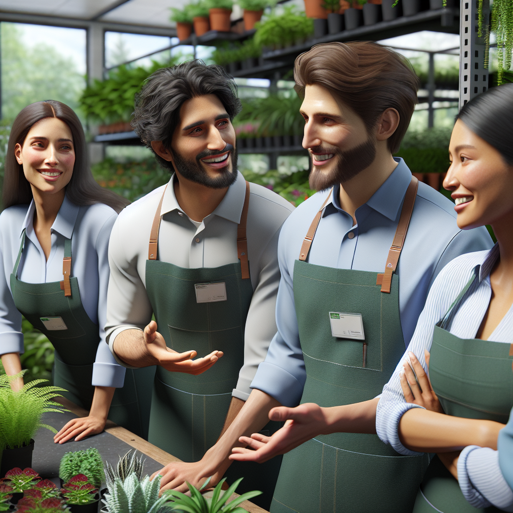 Diverse friendly team of garden center professionals collaborating at plant nursery