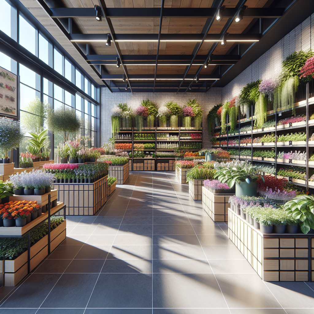 Modern garden center with organized colorful plant displays and vibrant flowers